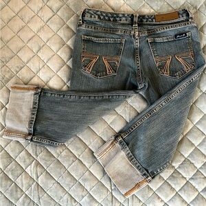 Seven7 Cropped Blue Jeans with Tan Stitching